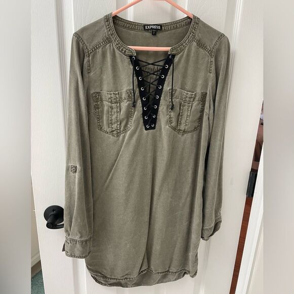 Express Dresses & Skirts - Express Lace Up Front Shirt Dress Army Green Size S